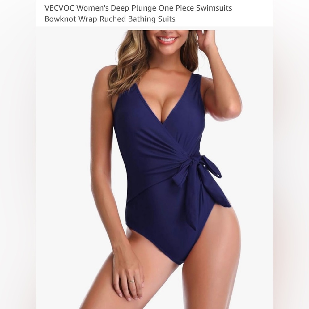 NWT - 2 for Price of 1 - V Neck, Wrap One Piece Swimsuits - Navy Blue & Black